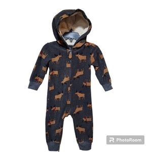 Carter's Boys Velour Fleece Jumpsuit Warm Hooded Moose Zip Up Jumper Size 12M